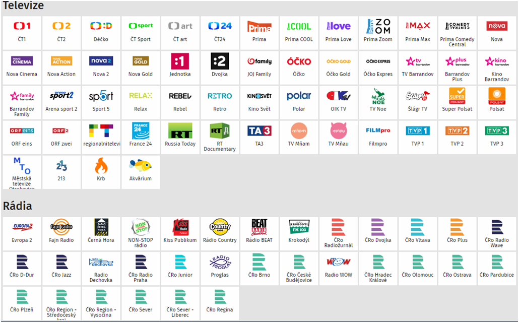 Nabídka rozhlasových a TV stanic v rámci Internetu Jablonka.
